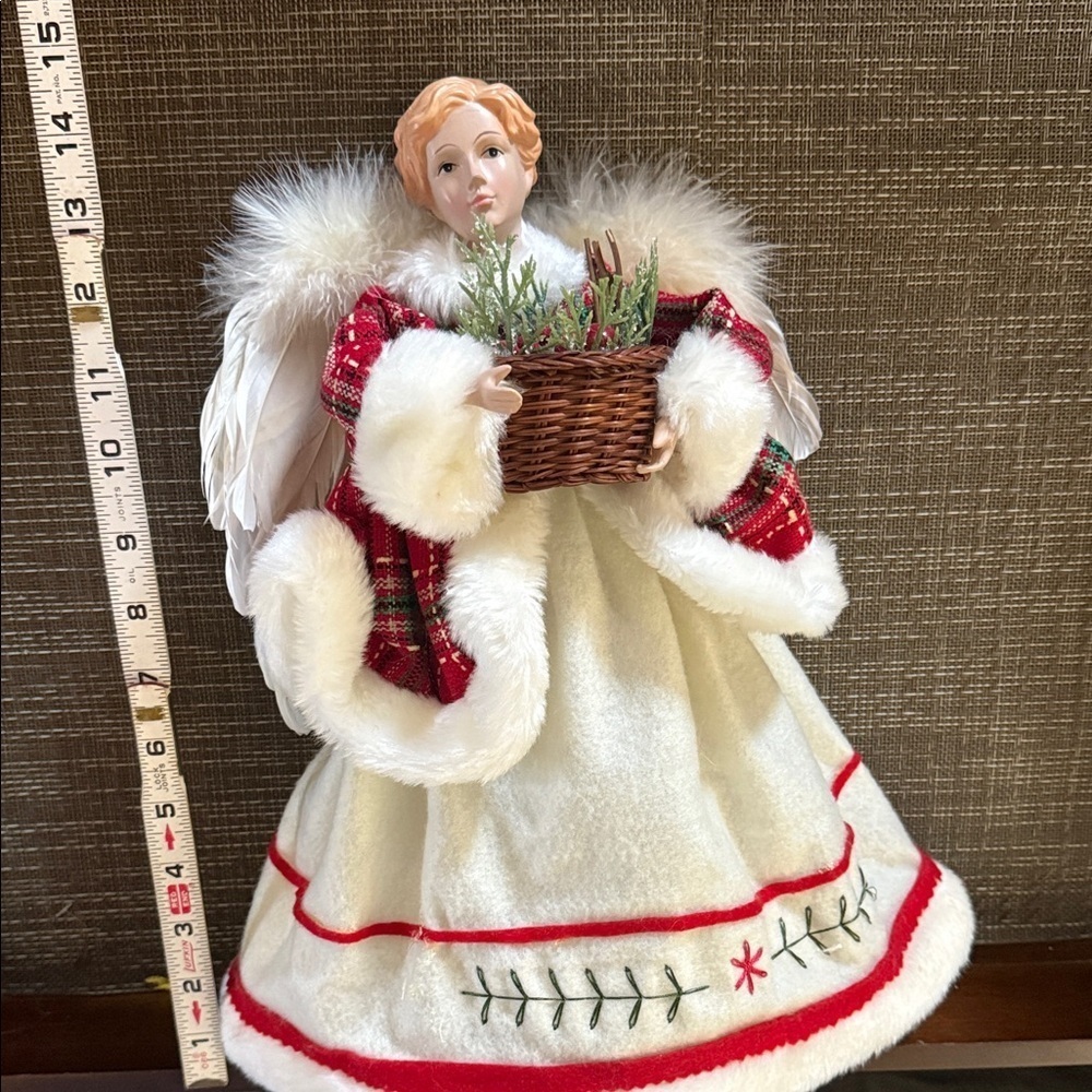 Vintage Angel Tree Topper with feather wings. Painted resin. 15”